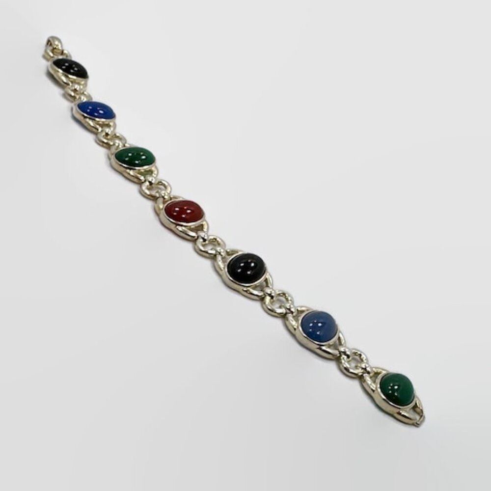 Stone Bracelet, Onyx, Calcedony, Green, Black, Sterling Bracelet, Vintage,Mixed - Picture 6 of 6